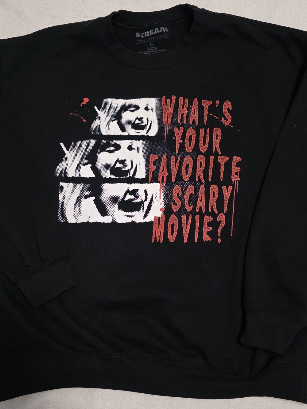 Scream Black Graphic Sweatshirt "What's Your Favorite Scary Movie?"